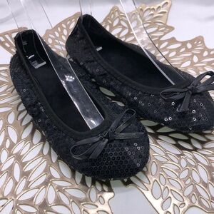 Black Sequins Foldable Soft Sole Ballet Slippers with Brighton Drawstring Bag